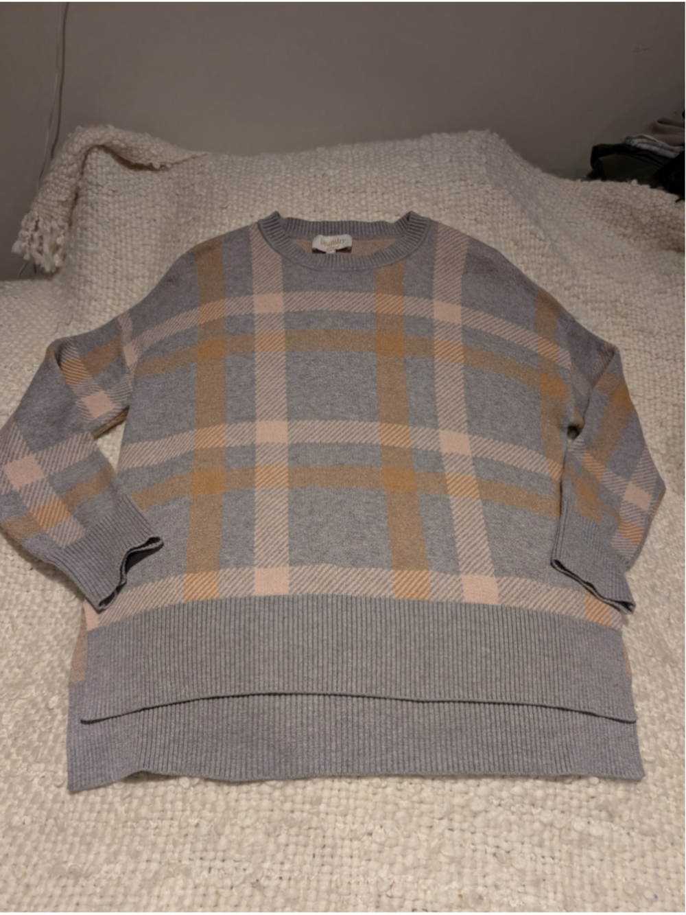 Women's Laundry by Shelli Segal Plaid Sweater XS Grey Beige Crew Neck